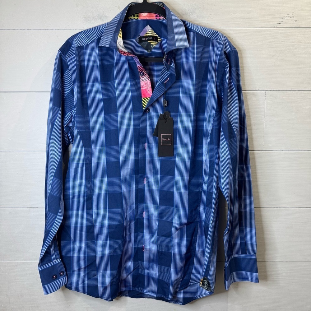 Bespoke | NWT Men's Blue Checkered Shirt Button Up Size Small